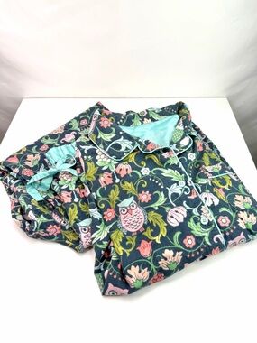 Nick & Nora Blue Green Owl Flannel Cotton Pajama XL Set